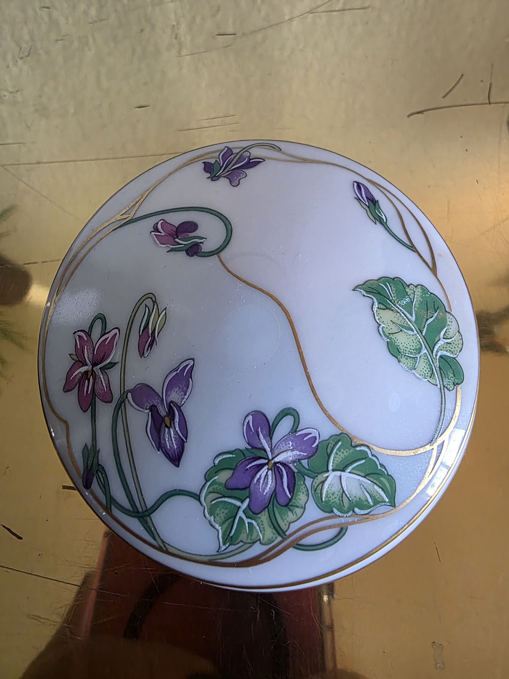 Limoges Porcelain Trinket Box with Purple Floral Motif and Gold Accents